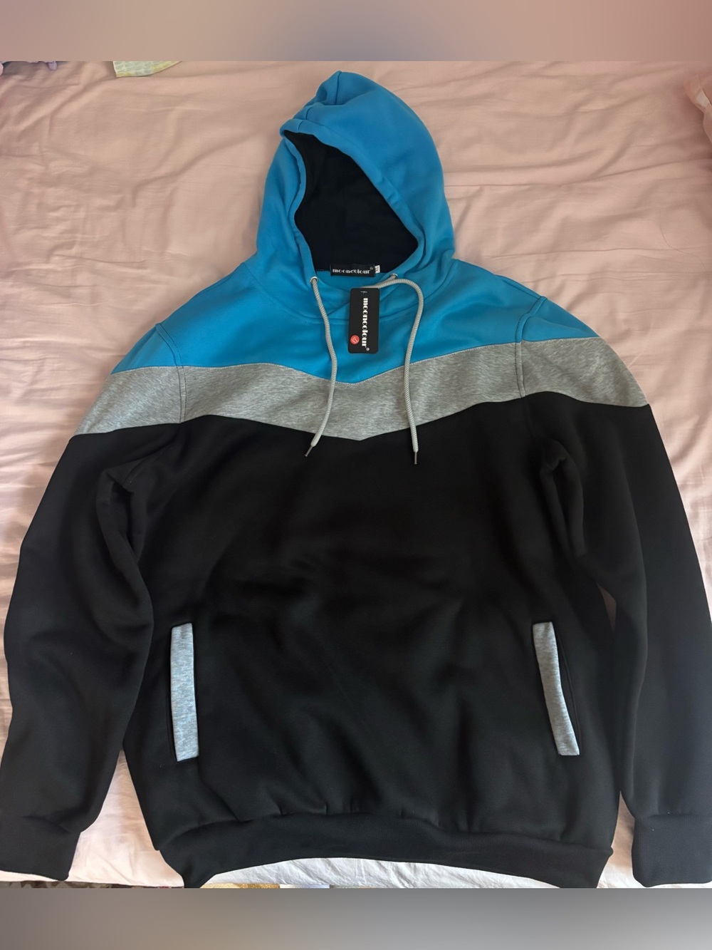 Men's Blue and Black Colorblock Hoodie with Gray Accents
